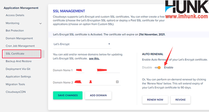 cloudways设置自动续期SSL证书